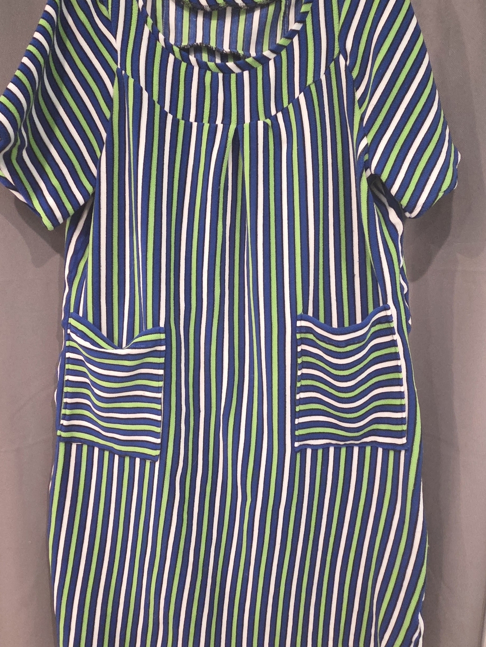 Blue, White & Lime Green Striped Short Sleeve Dress